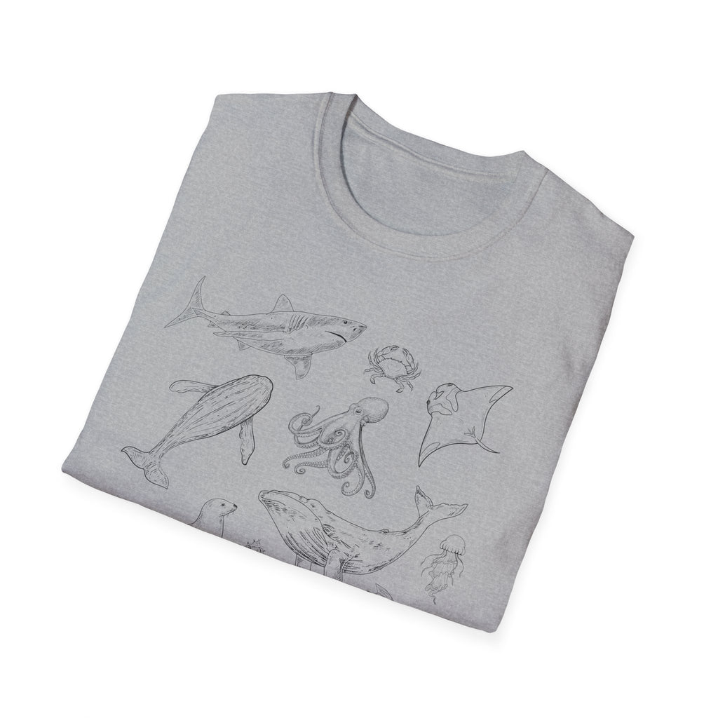 Marine Life Sketch T-Shirt — Minimal Ocean Creatures Illustration