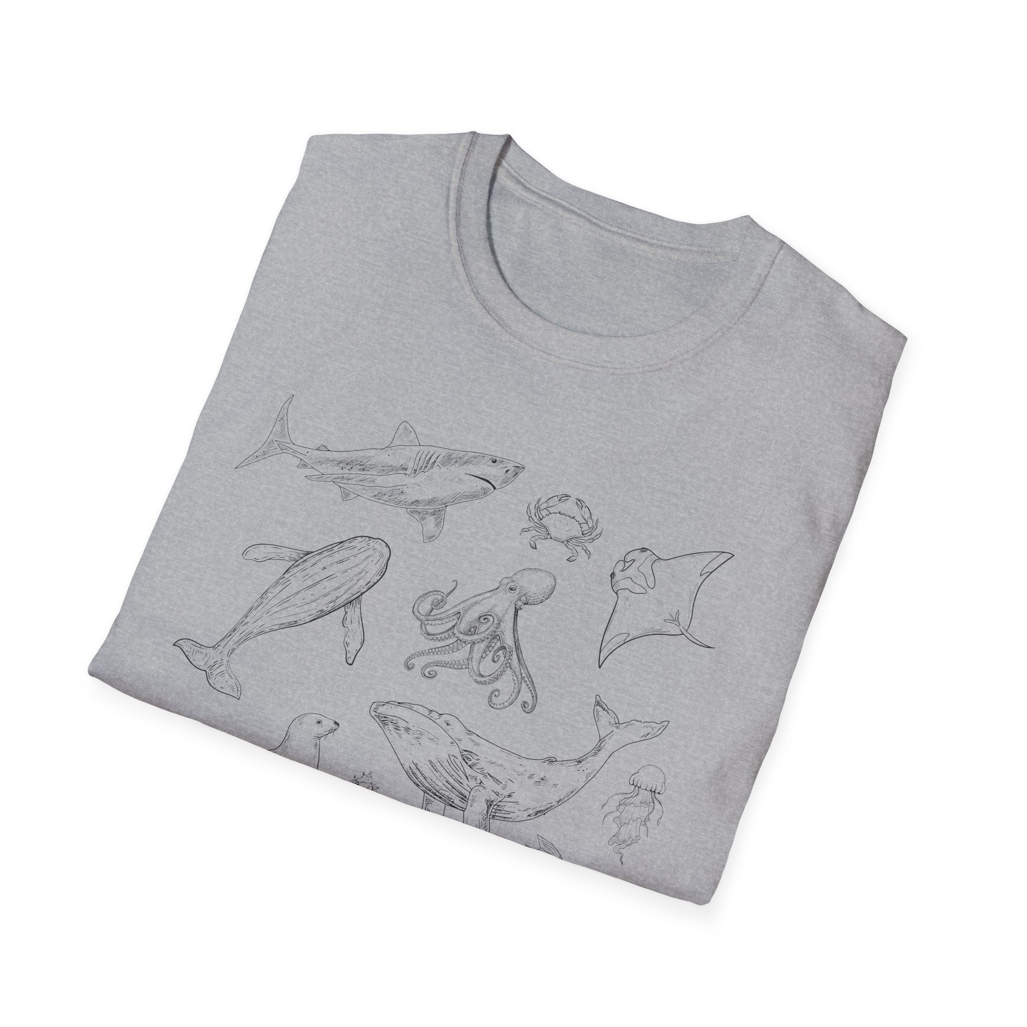 Marine Life Sketch T-Shirt — Minimal Ocean Creatures Illustration
