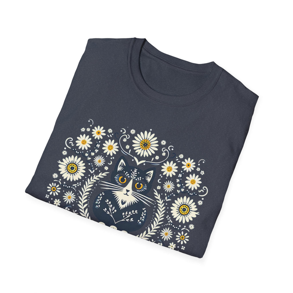 Cat Floral T-Shirt — Folk Art Kitty with Daisies