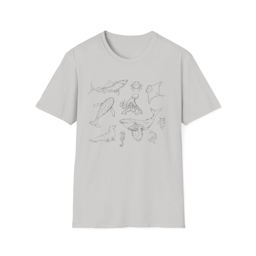 Marine Life Sketch T-Shirt — Minimal Ocean Creatures Illustration