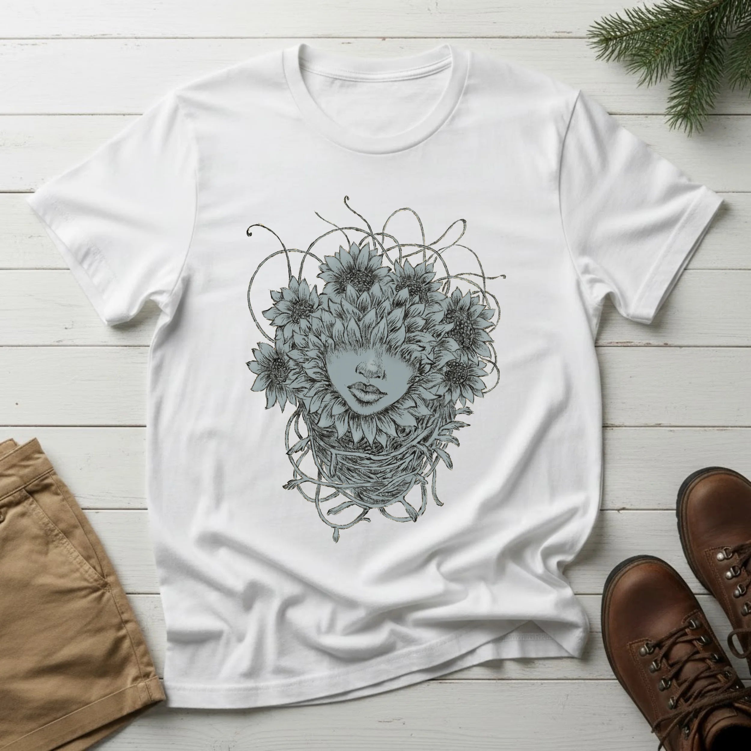 Floral Face Art T-Shirt — Botanical Woman Graphic Tee