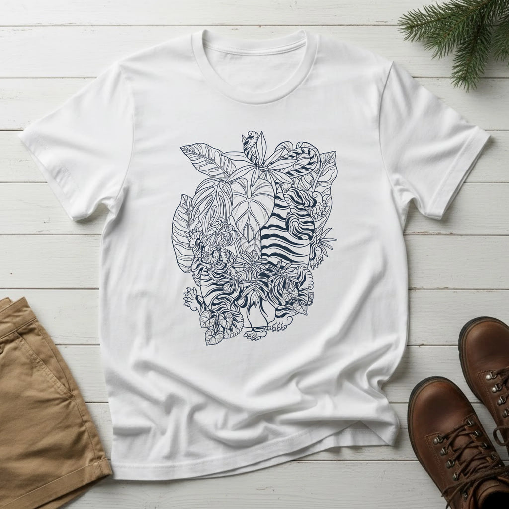 Tiger Floral Sketch T-Shirt — Botanical Line Art Tiger Tee