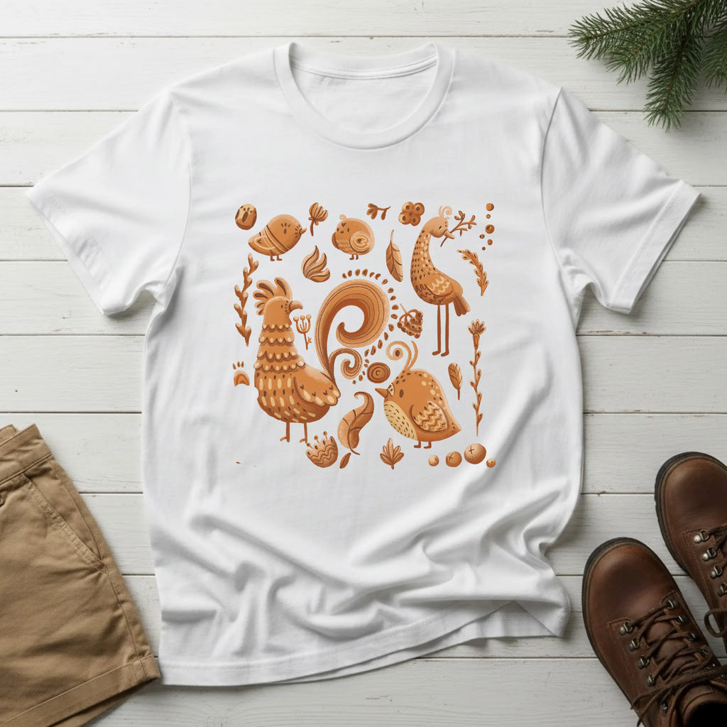 Rust Folk Birds T-Shirt — Autumn Harvest Rooster Graphic Tee