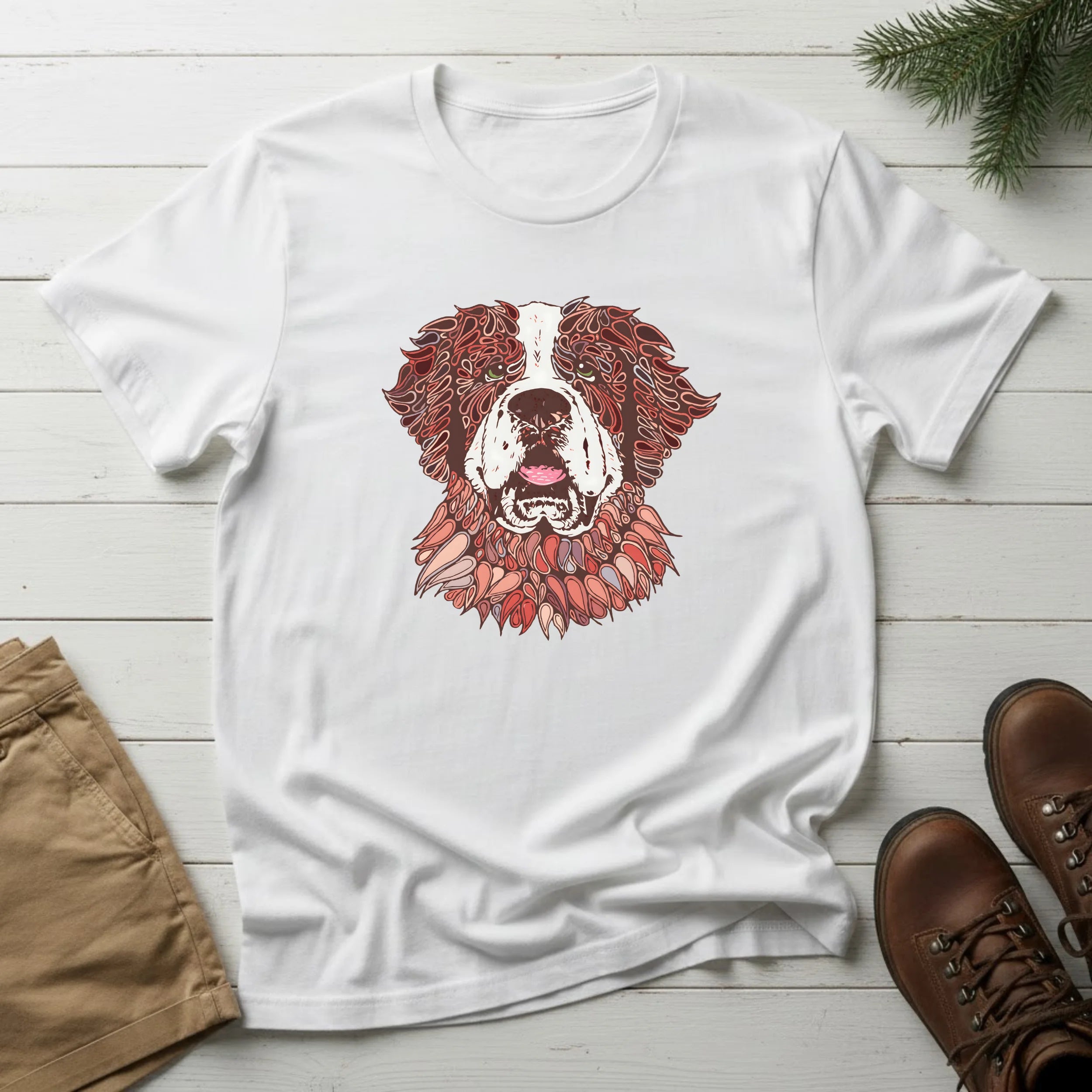 Saint Bernard Floral Portrait T-Shirt — Rustic Dog Lover Tee