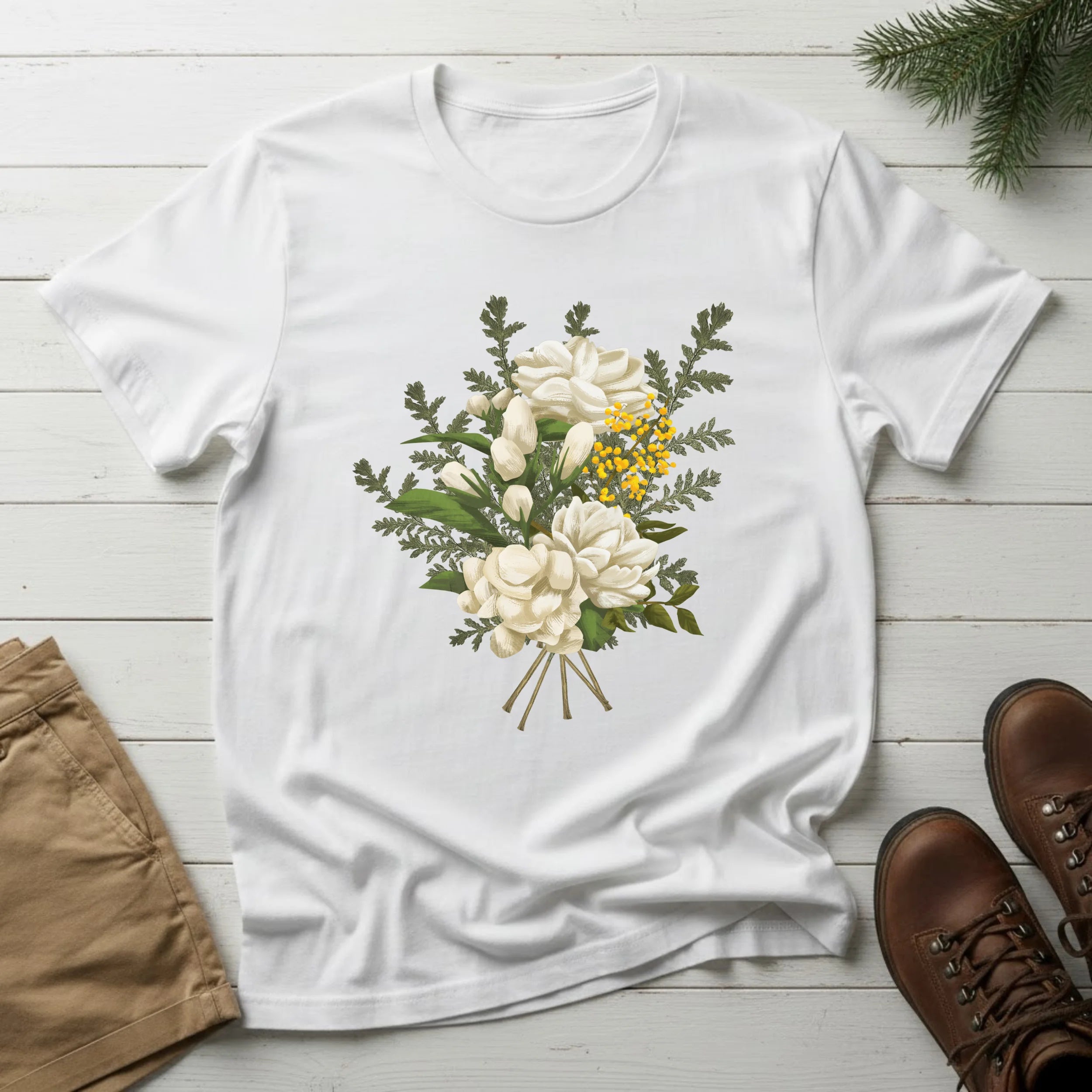 Floral Bouquet T-Shirt — Vintage White Garden Flowers Tee