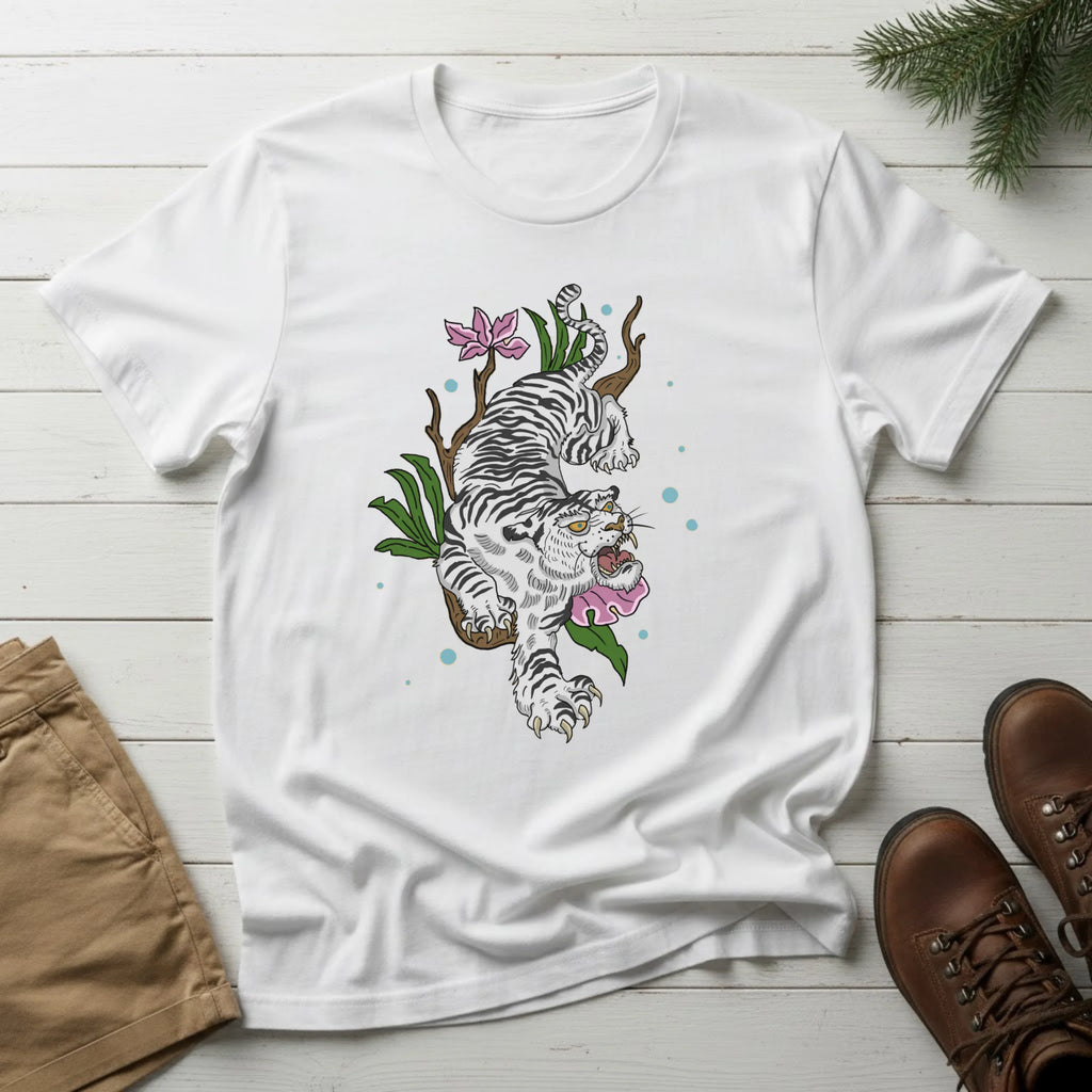White T-Shirt with Floral White Tiger Illustration