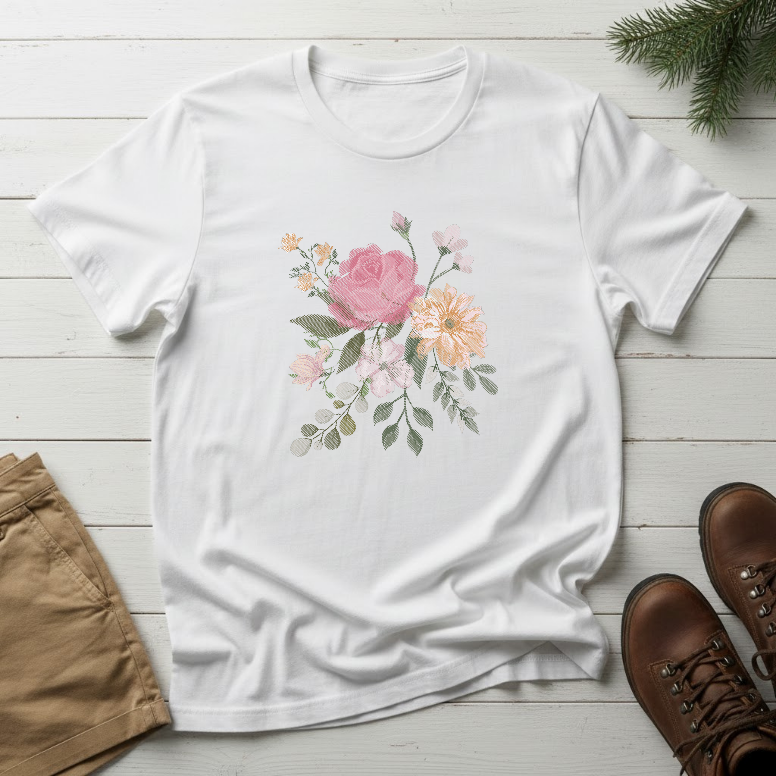 Floral Watercolor Bouquet T-Shirt — Soft Vintage Rose Graphic Tee
