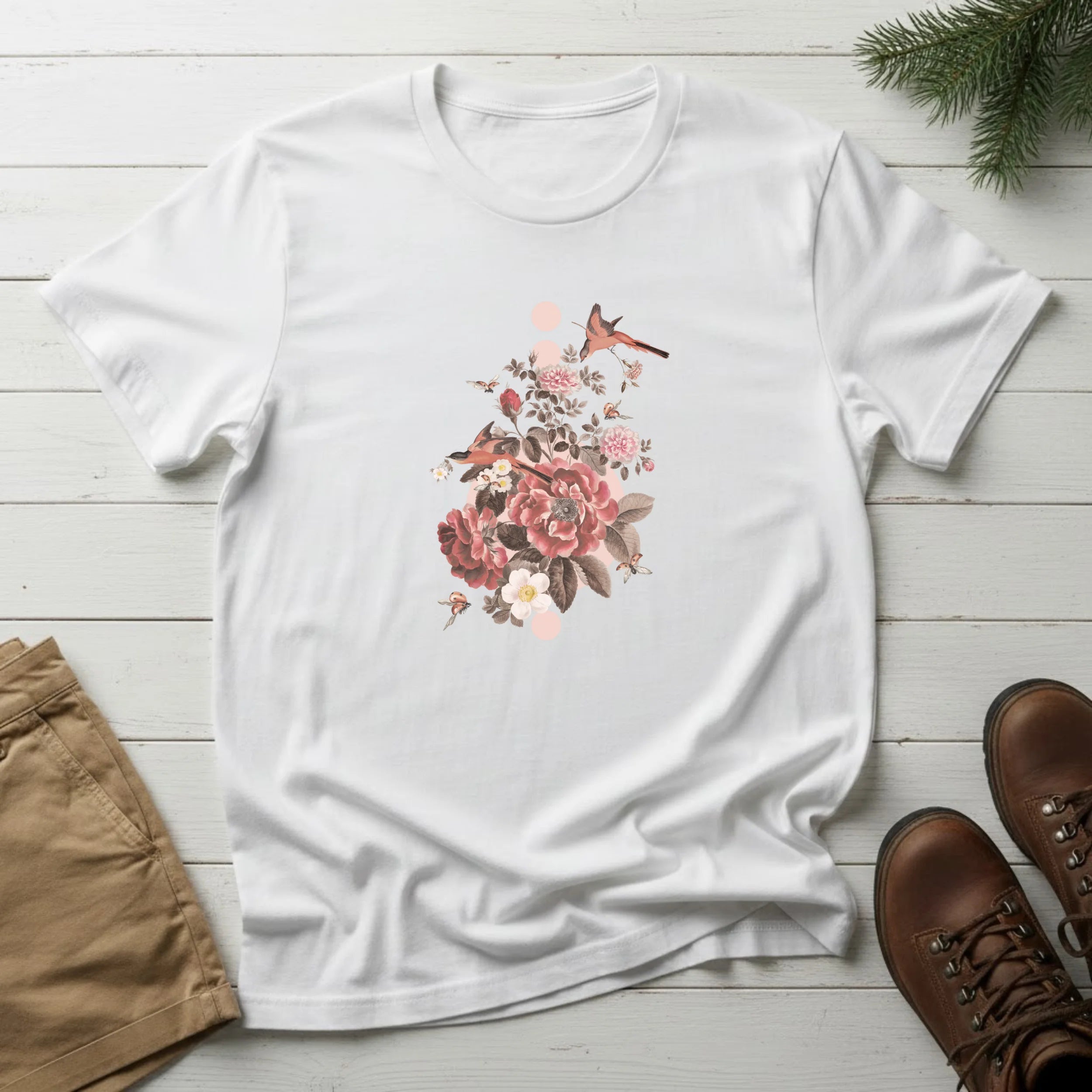 Floral Bird Bouquet T-Shirt — Vintage Rose Garden Tee