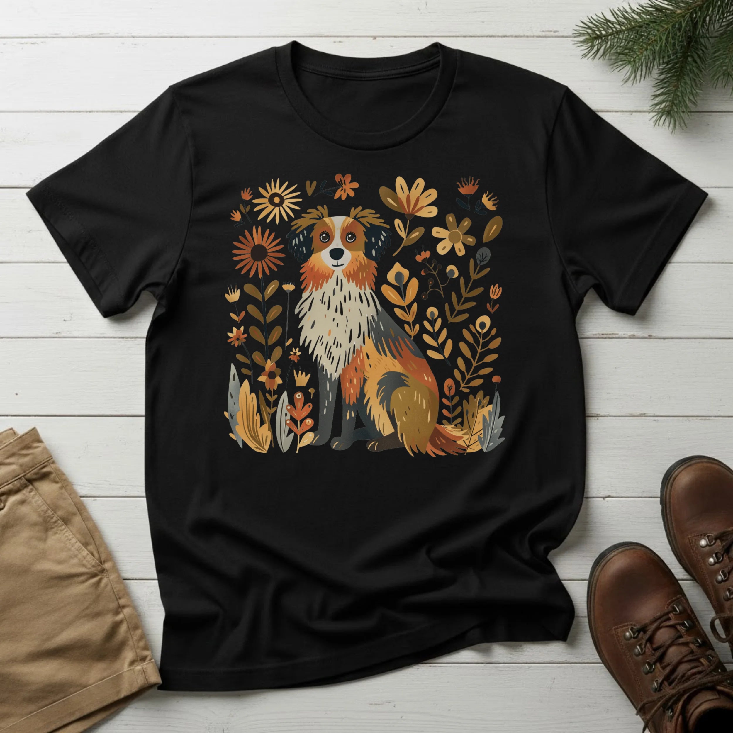 Collie Floral T-Shirt — Whimsical Dog Art Tee for Pet Lovers