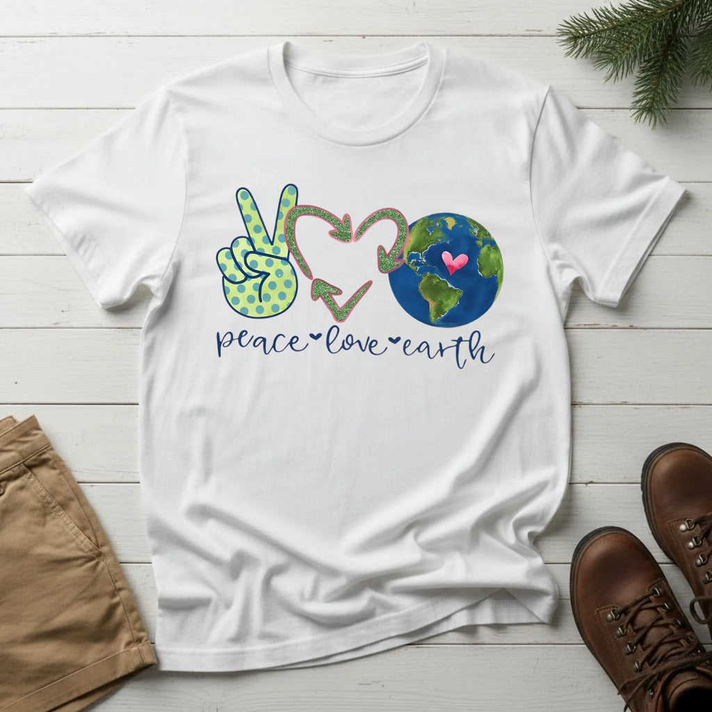 Peace Love Earth T-Shirt – 'Peace • Love • Earth' Graphic Tee for Eco-Friendly & Earth Day Fans