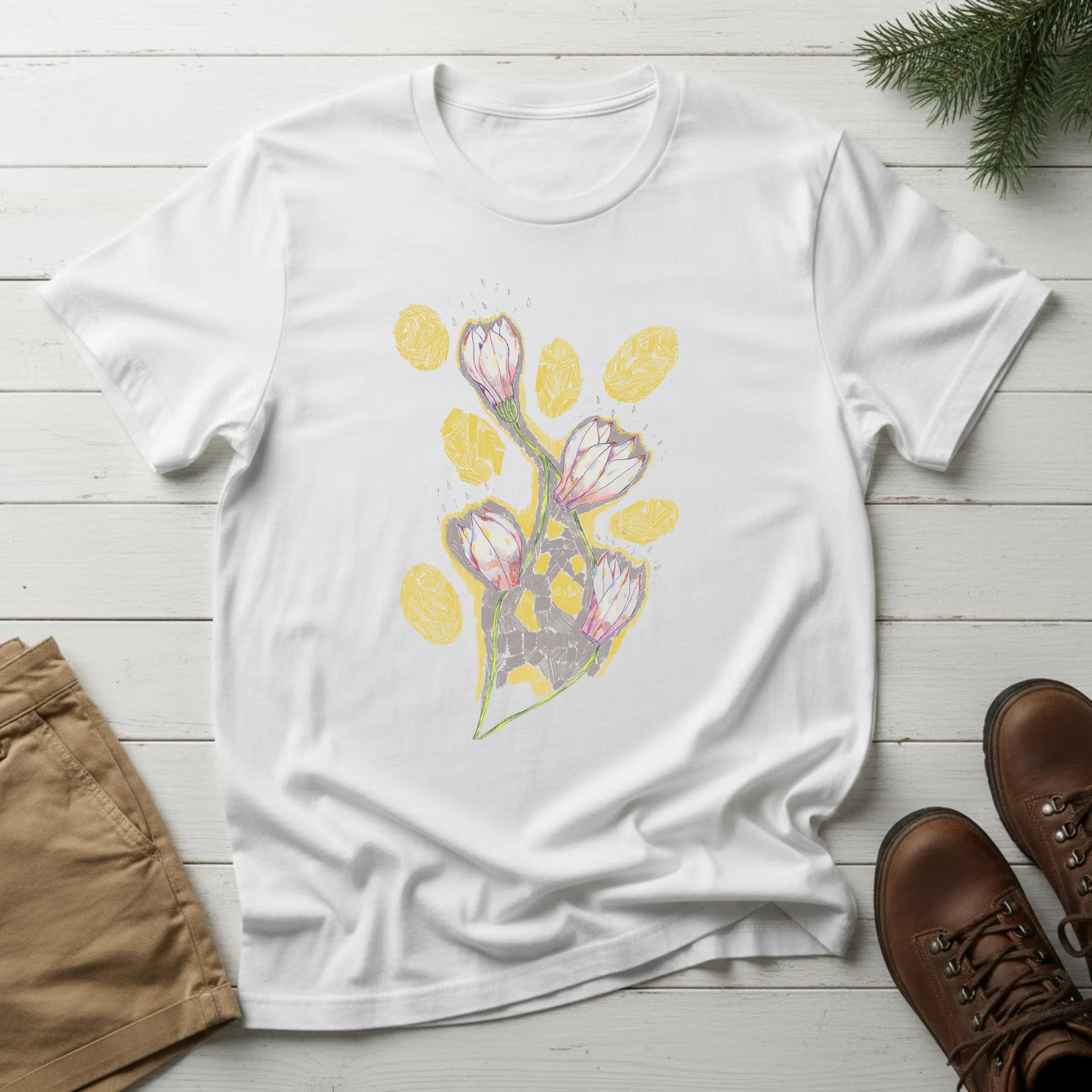 Floral Bouquet Tee — Pastel Tulip & Gold Leaf Graphic T-Shirt