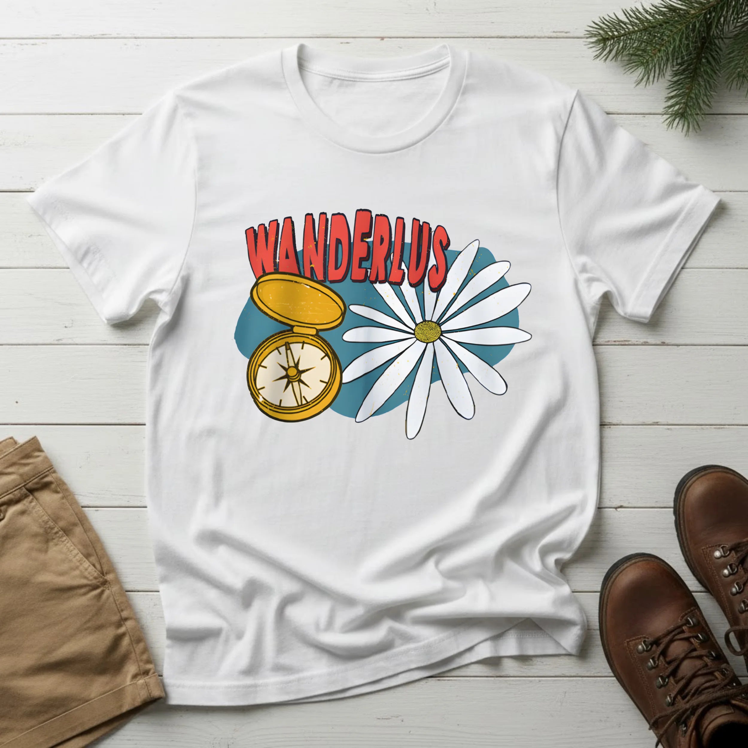 Wanderlust Compass & Daisy T-Shirt – Vintage Travel Graphic Tee