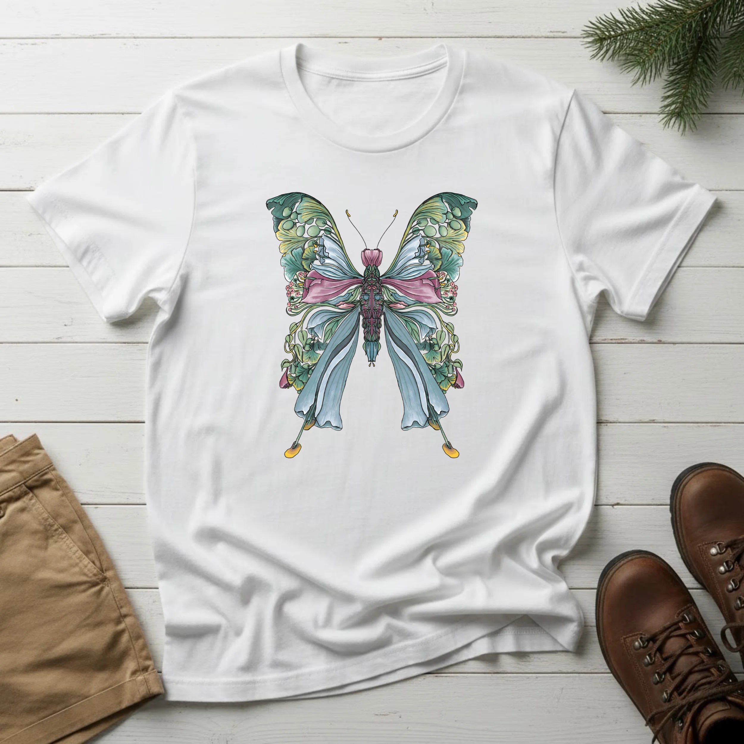 Botanical Butterfly T-Shirt — Watercolor Floral Wings Tee