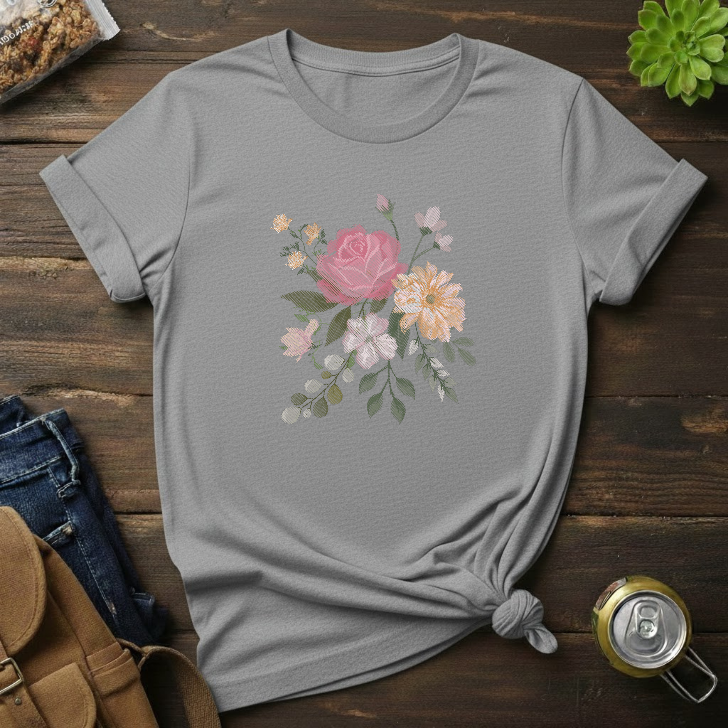 Floral Watercolor Bouquet T-Shirt — Soft Vintage Rose Graphic Tee