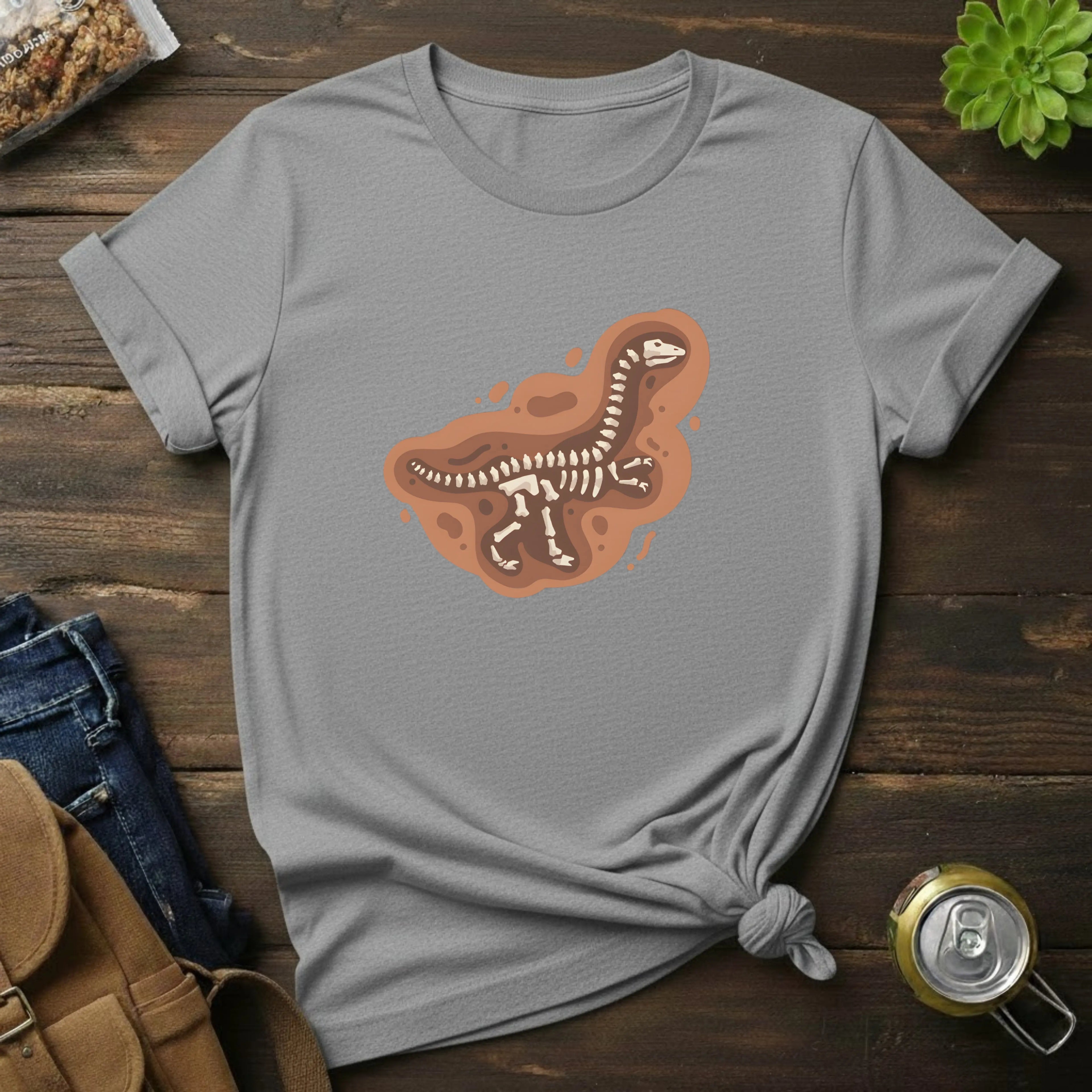 T-Shirt — Brown T-Rex Skeleton Graphic Tee