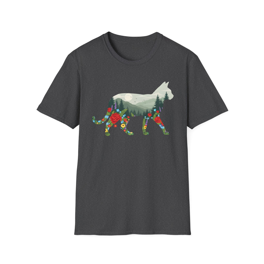 Cat Nature Silhouette T-Shirt — Floral Mountain Landscape Cat Tee