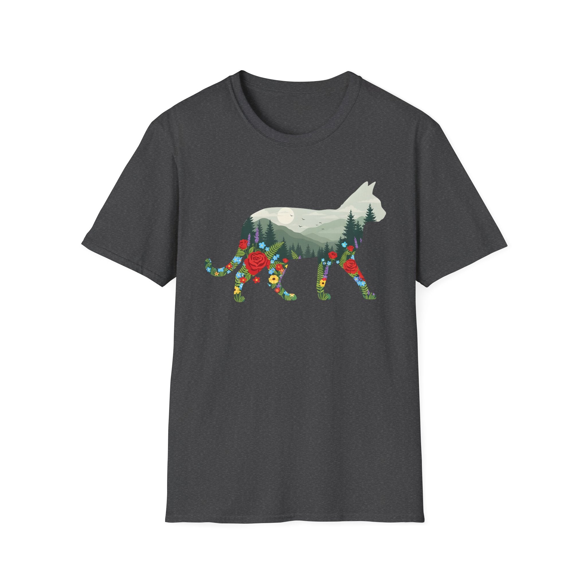 Cat Nature Silhouette T-Shirt — Floral Mountain Landscape Cat Tee