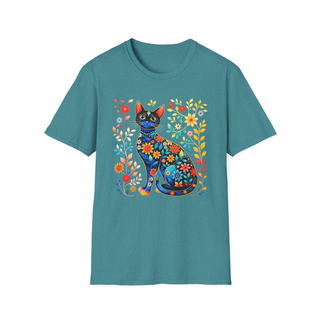Floral Folk Art Cat T-Shirt — Colorful Boho Cat Tee