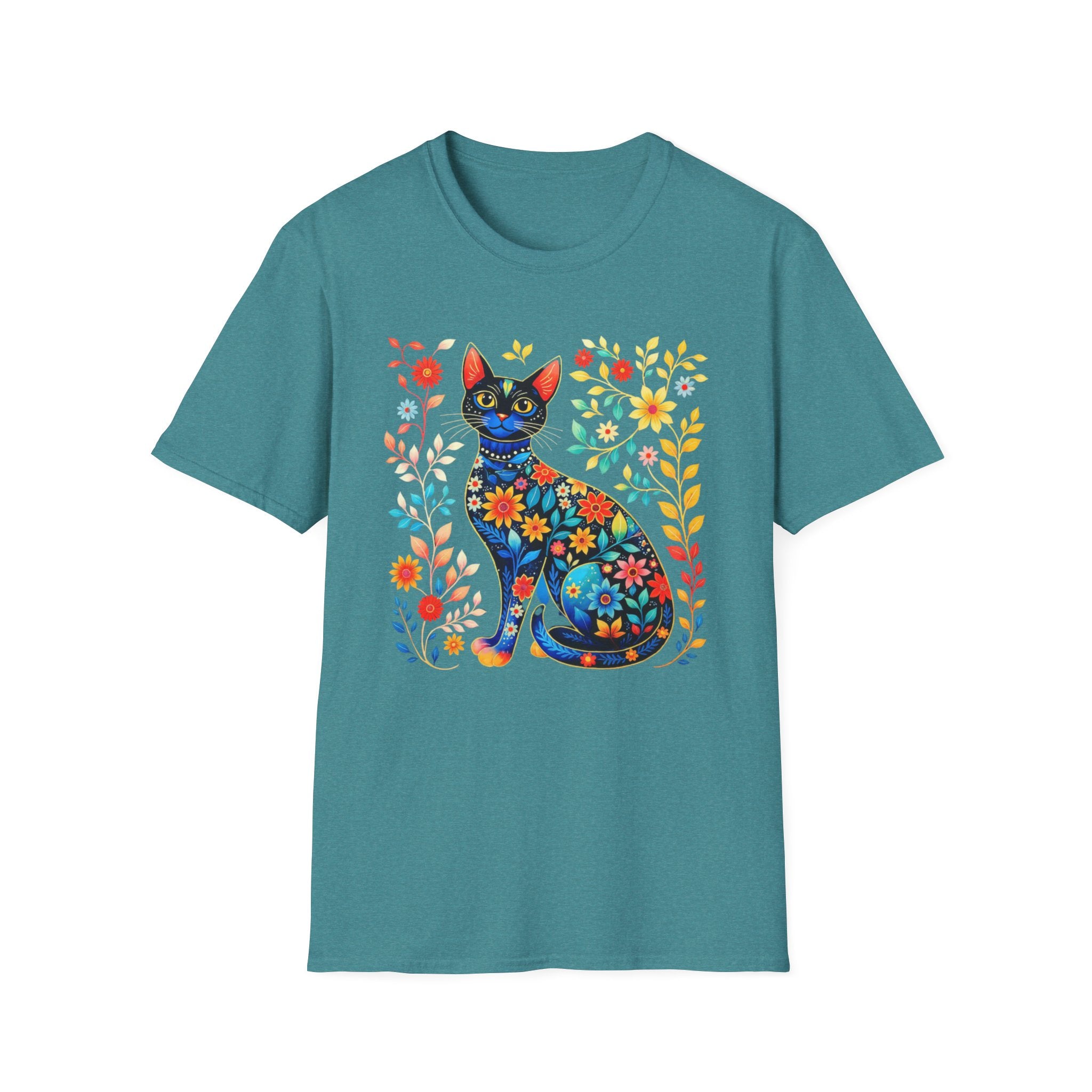 Floral Folk Art Cat T-Shirt — Colorful Boho Cat Tee