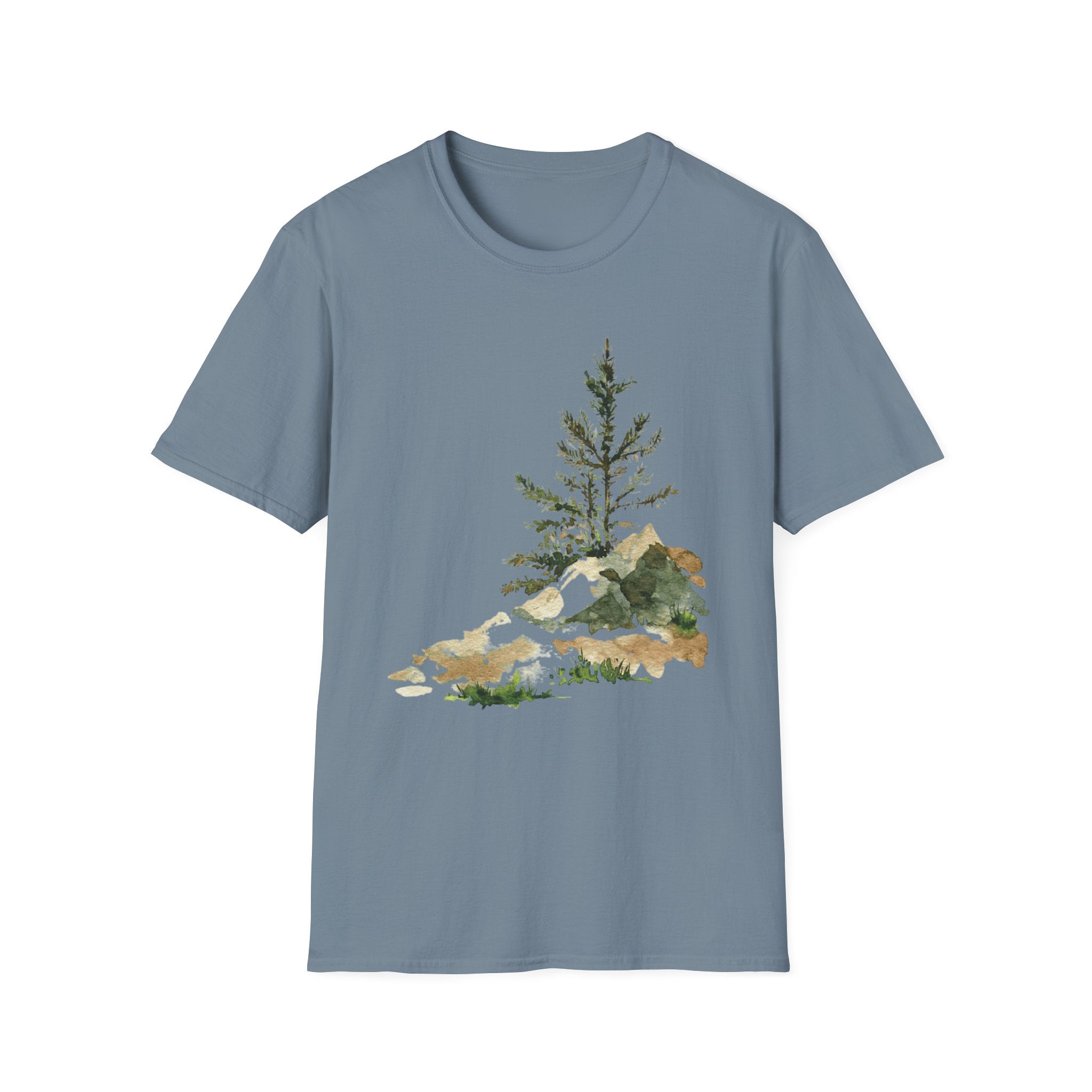 Nature Mountain T-Shirt — Watercolor Pine Tree Landscape