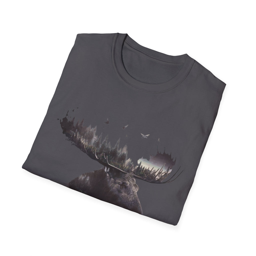 Moose Silhouette T-Shirt — Forest Double-Exposure Wildlife Tee