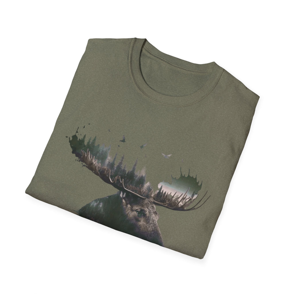 Moose Silhouette T-Shirt — Forest Double-Exposure Wildlife Tee