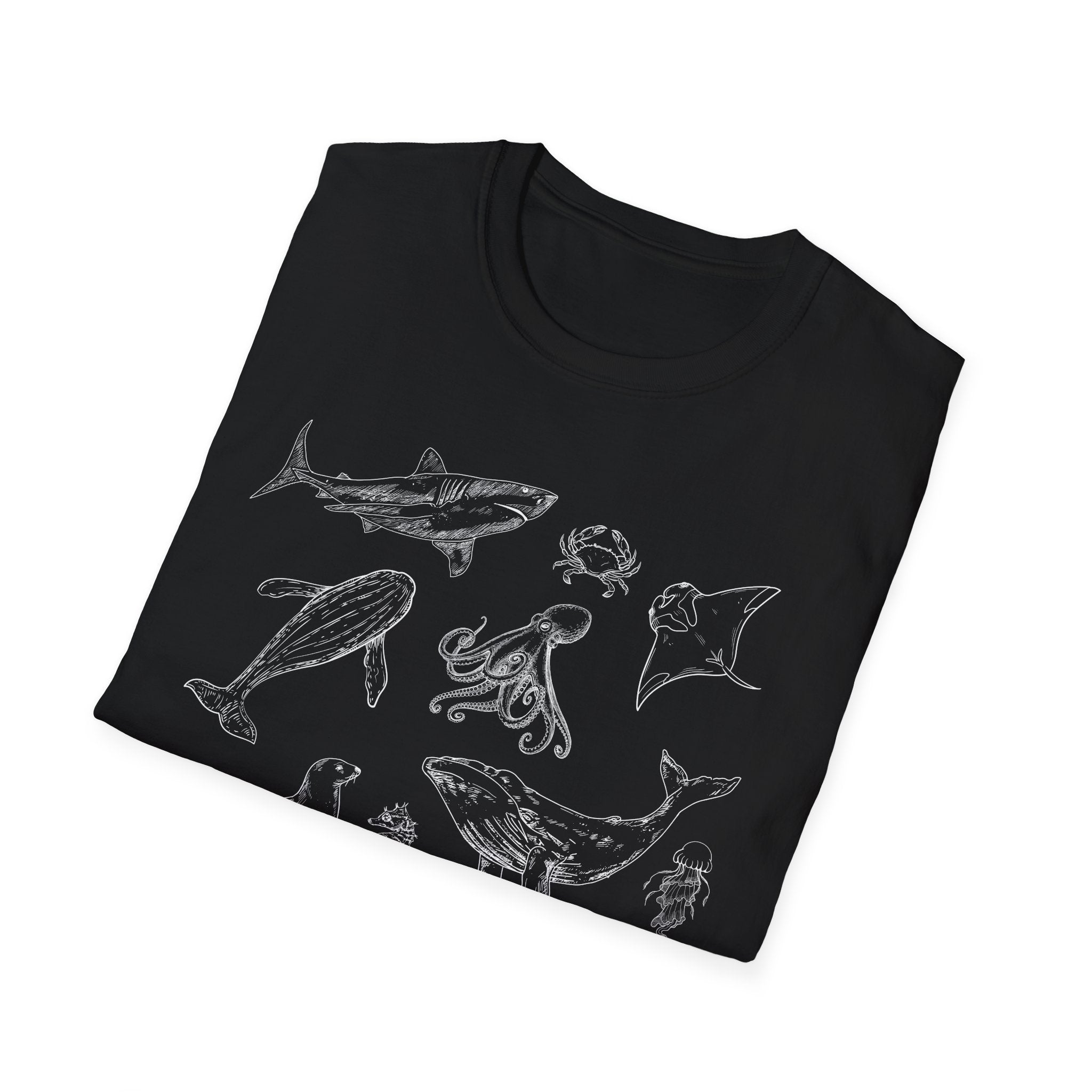 Marine Life Sketch T-Shirt — Minimal Ocean Creatures Illustration