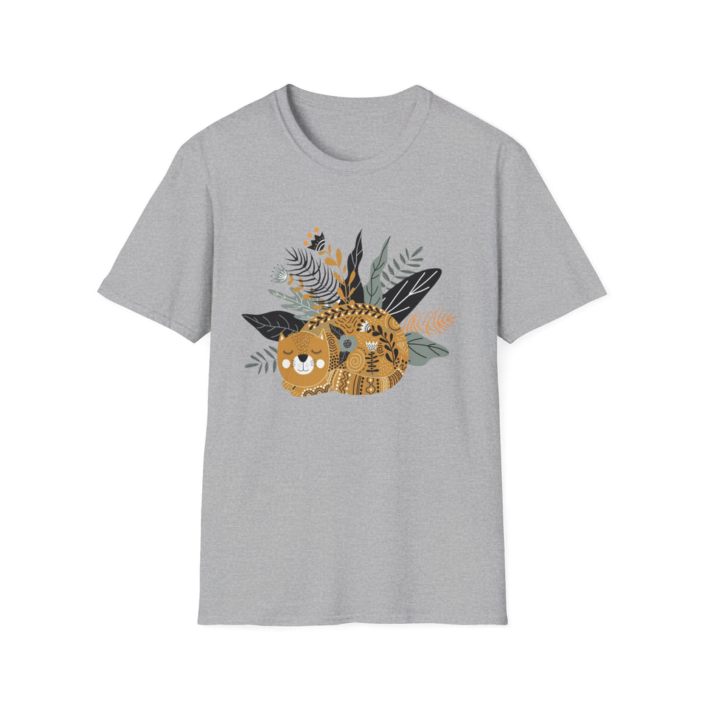 Cat Floral Tee — Cozy Patterned Cat with Botanical Leaves T-Shirt