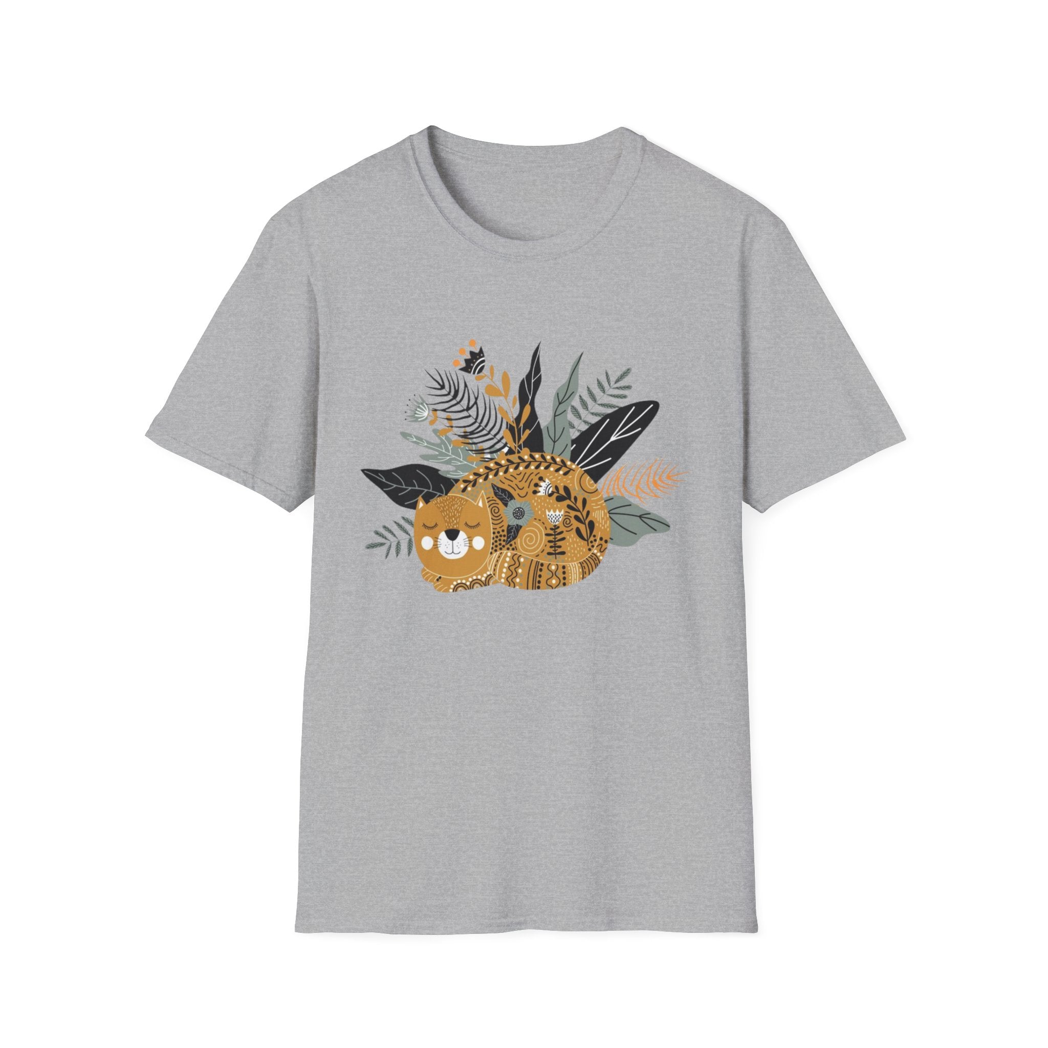 Cat Floral Tee — Cozy Patterned Cat with Botanical Leaves T-Shirt