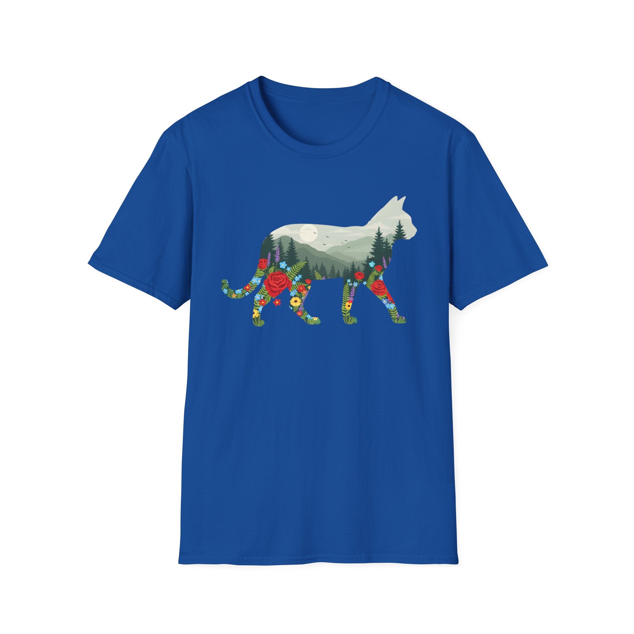 Cat Nature Silhouette T-Shirt — Floral Mountain Landscape Cat Tee