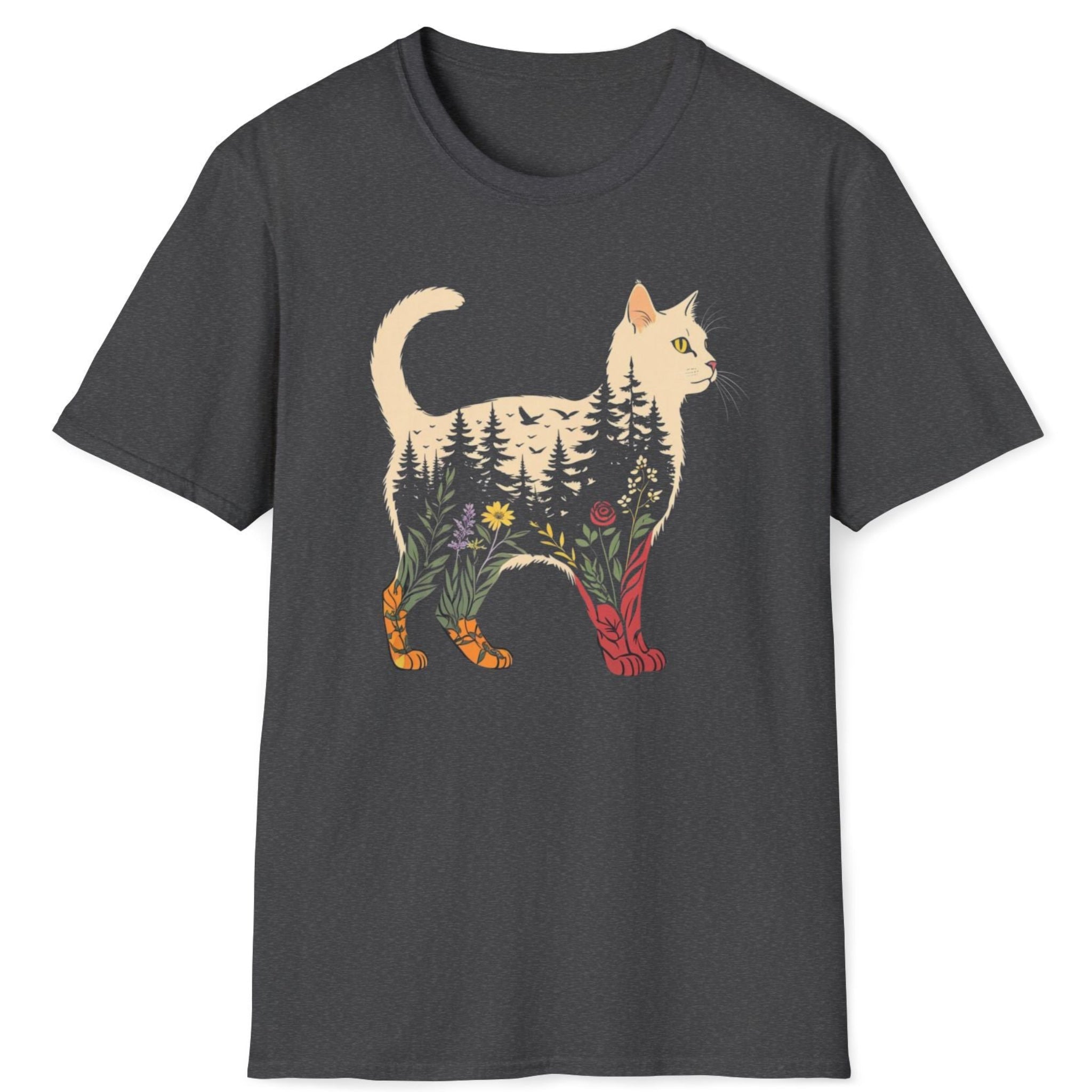 Dark gray t-shirt with a cat design featuring nature elements on a white background