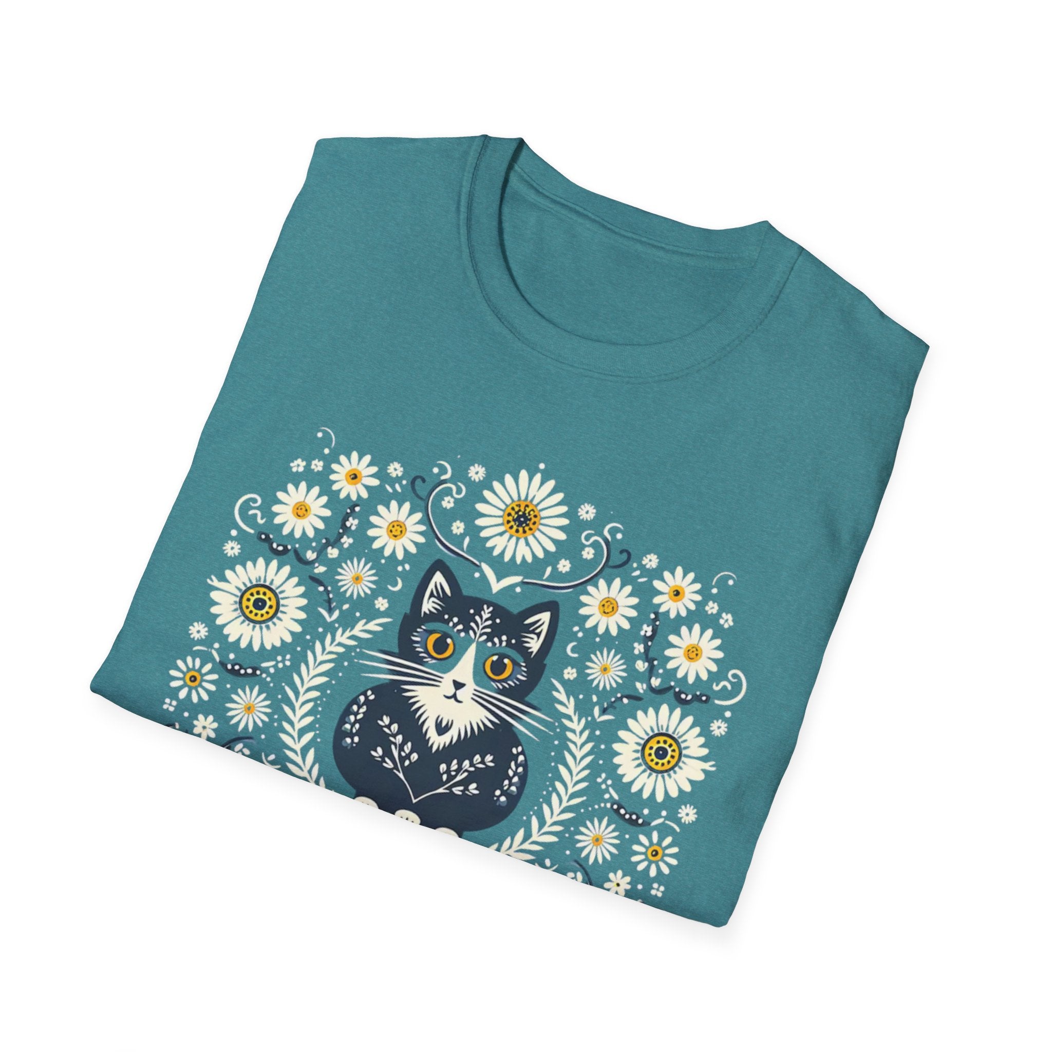 Cat Floral T-Shirt — Folk Art Kitty with Daisies