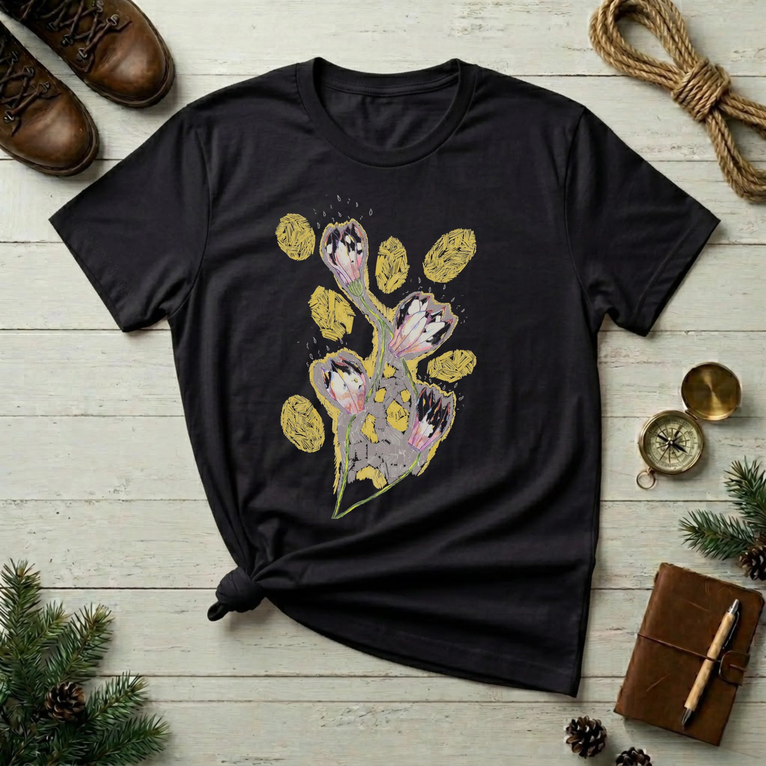 Floral Bouquet Tee — Pastel Tulip & Gold Leaf Graphic T-Shirt