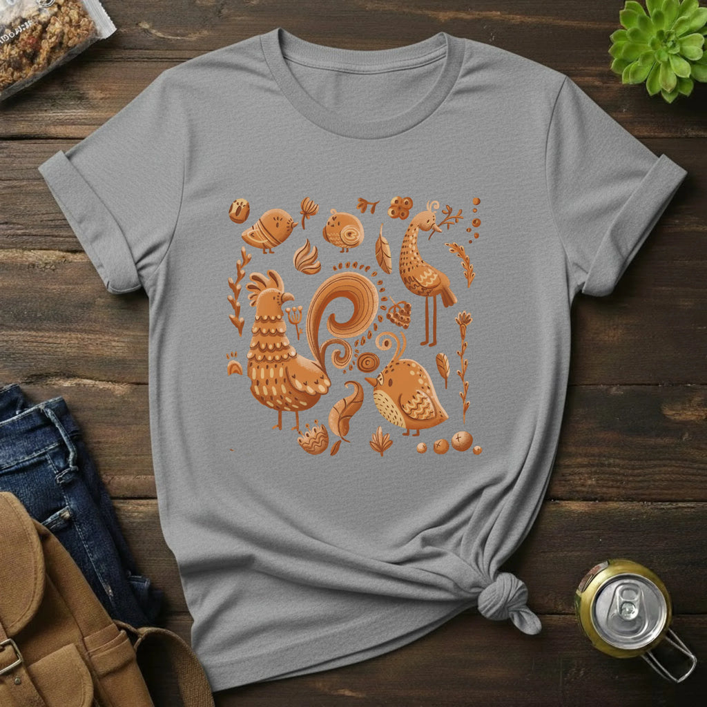 Rust Folk Birds T-Shirt — Autumn Harvest Rooster Graphic Tee