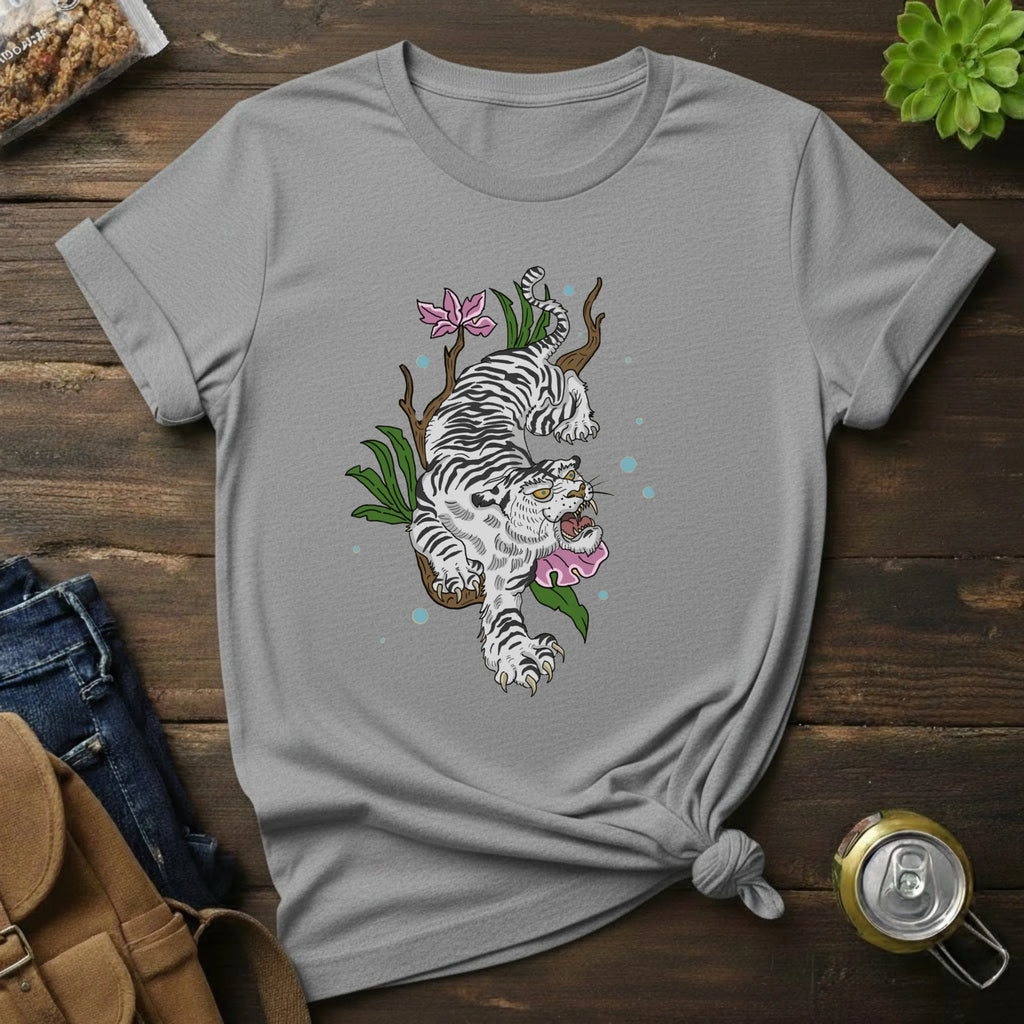 White T-Shirt with Floral White Tiger Illustration