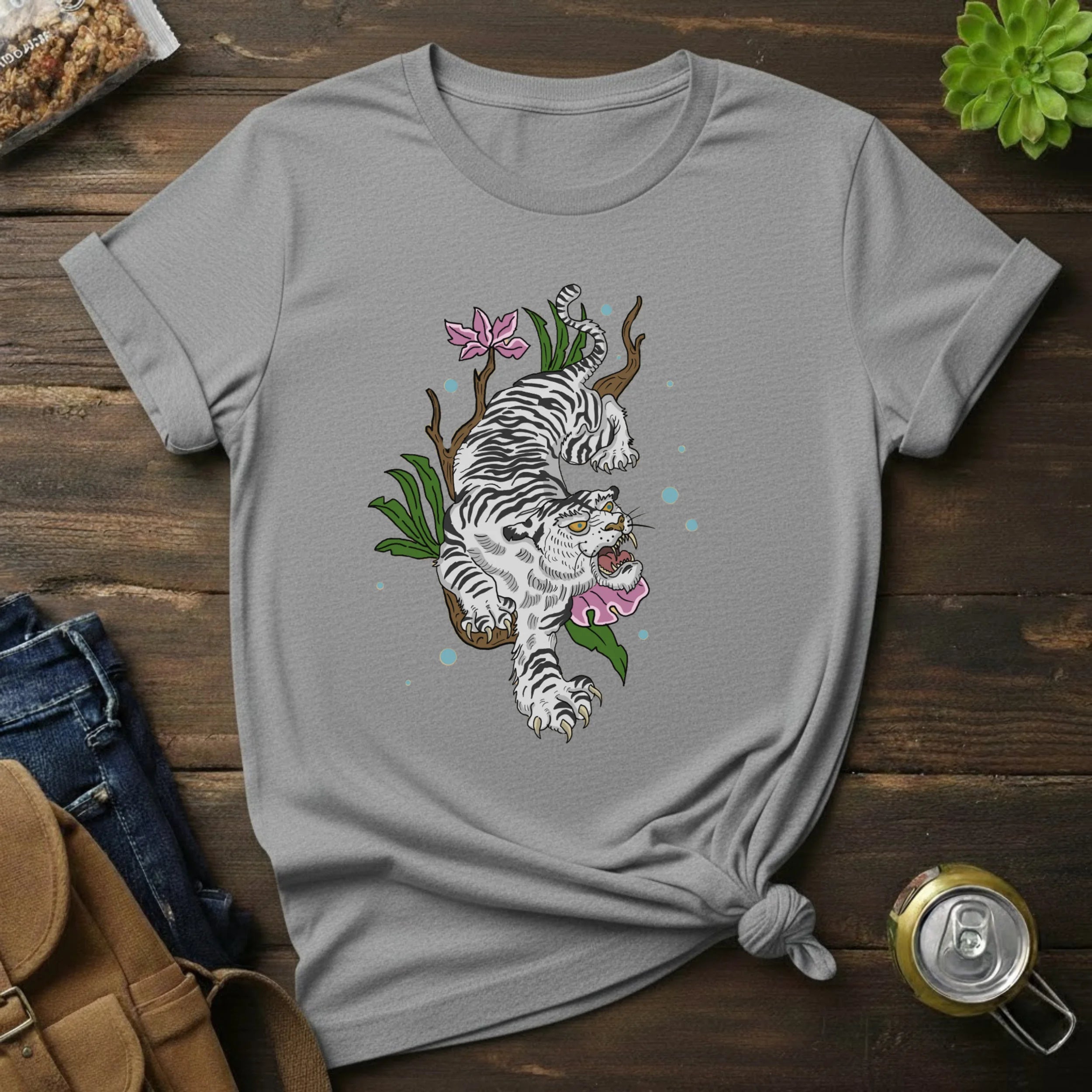 White T-Shirt with Floral White Tiger Illustration