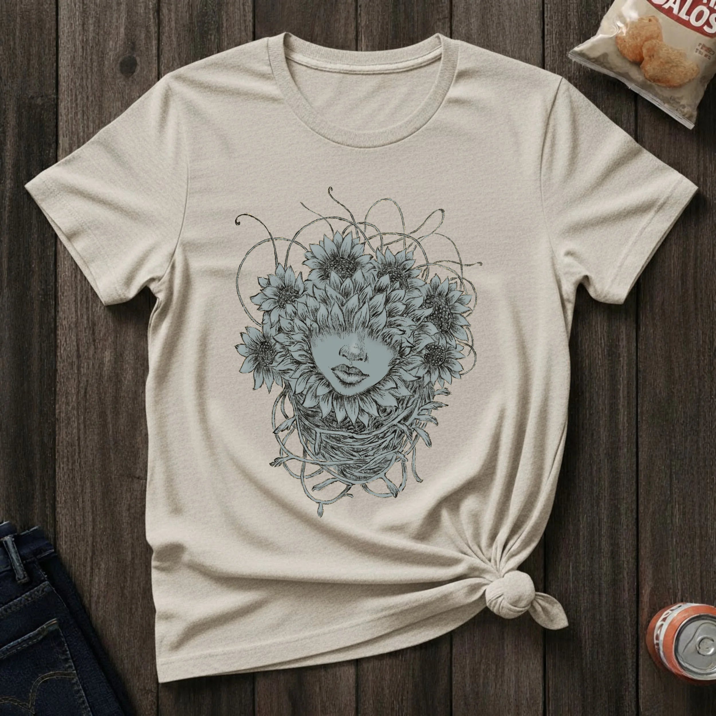 Floral Face Art T-Shirt — Botanical Woman Graphic Tee