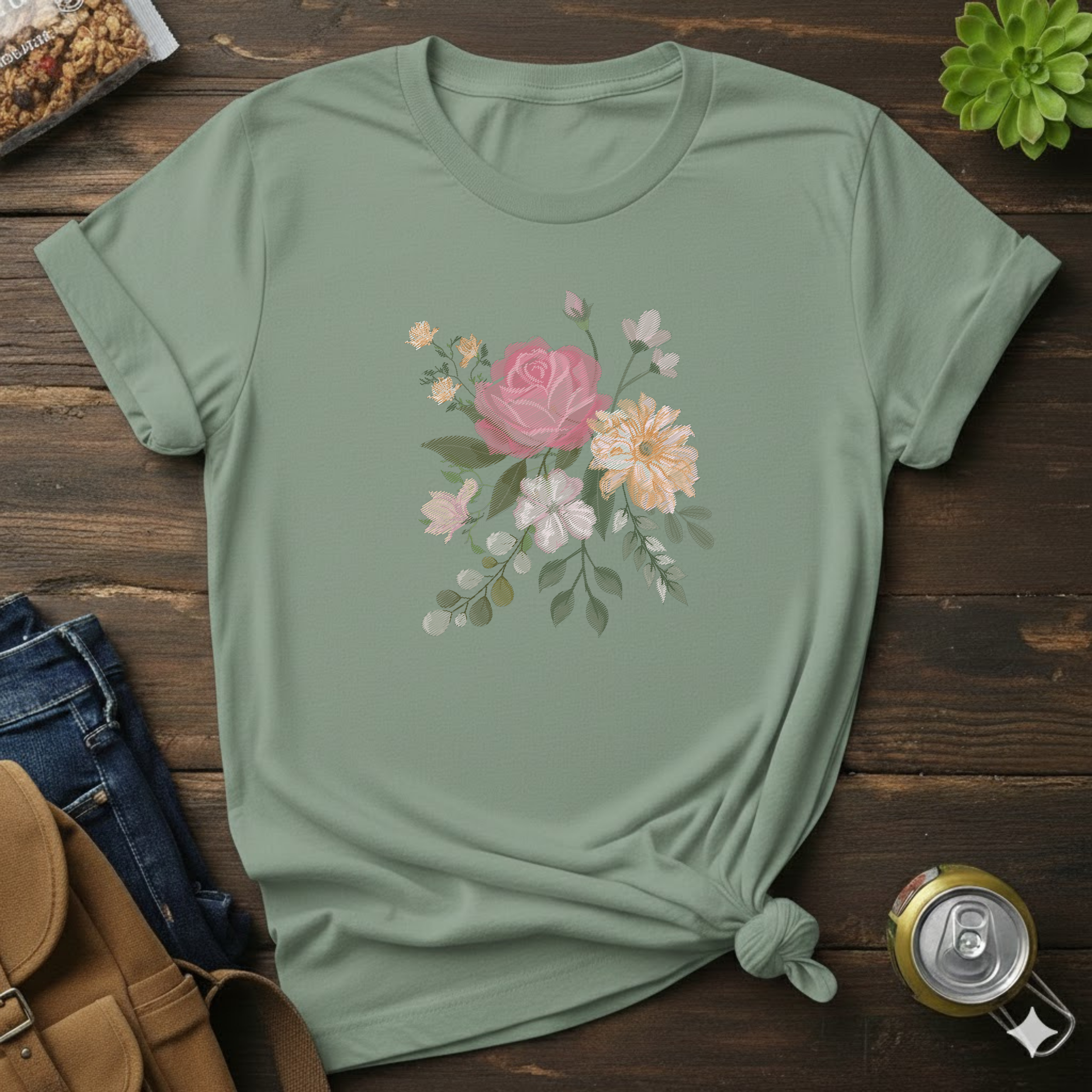 Floral Watercolor Bouquet T-Shirt — Soft Vintage Rose Graphic Tee