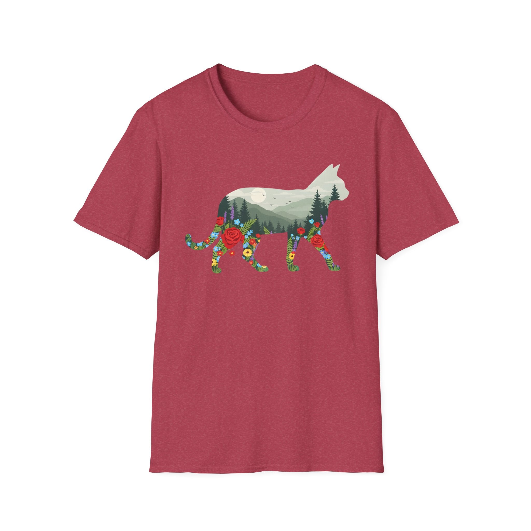 Cat Nature Silhouette T-Shirt — Floral Mountain Landscape Cat Tee