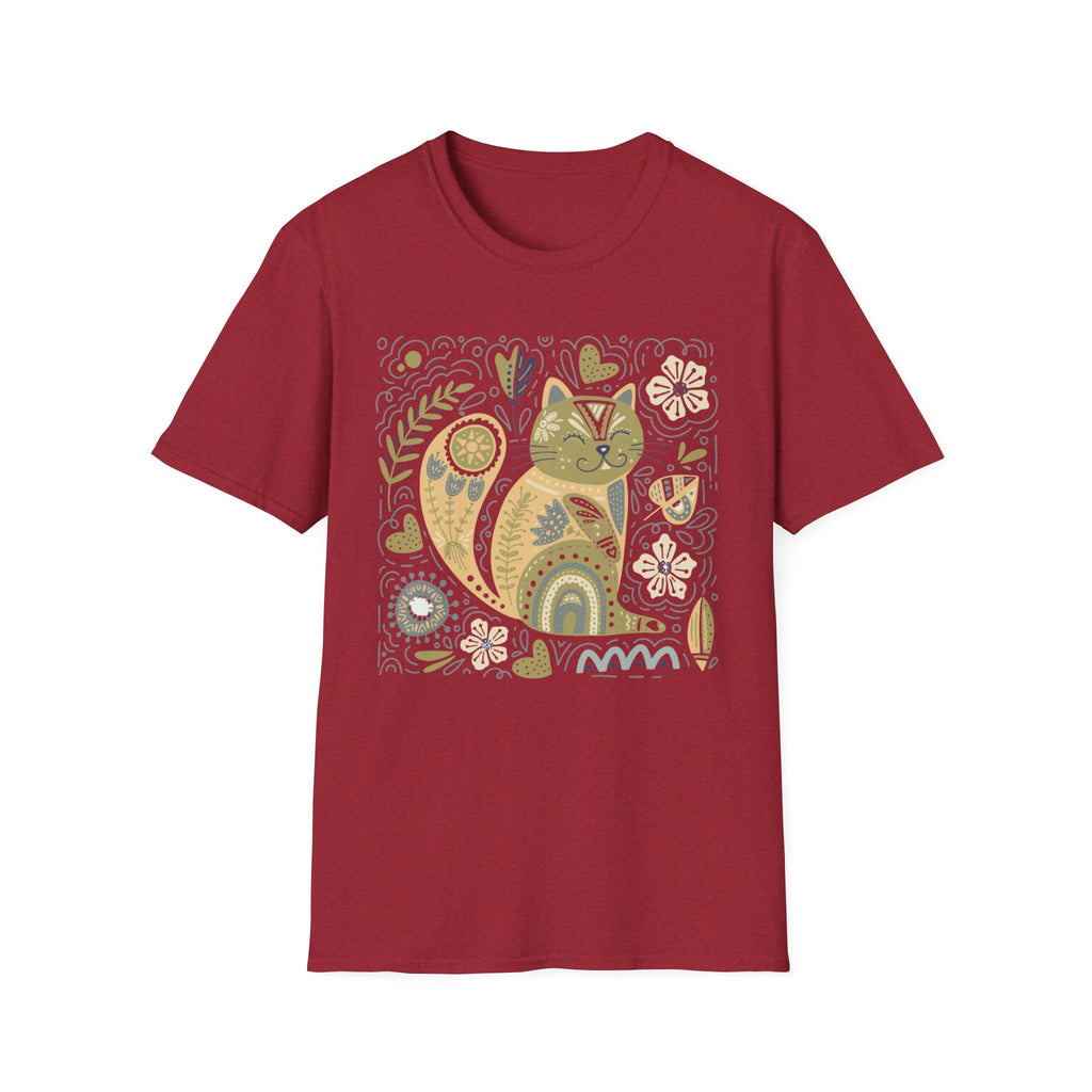 Folk Art Cat T-Shirt — Whimsical Floral Kitty Tee