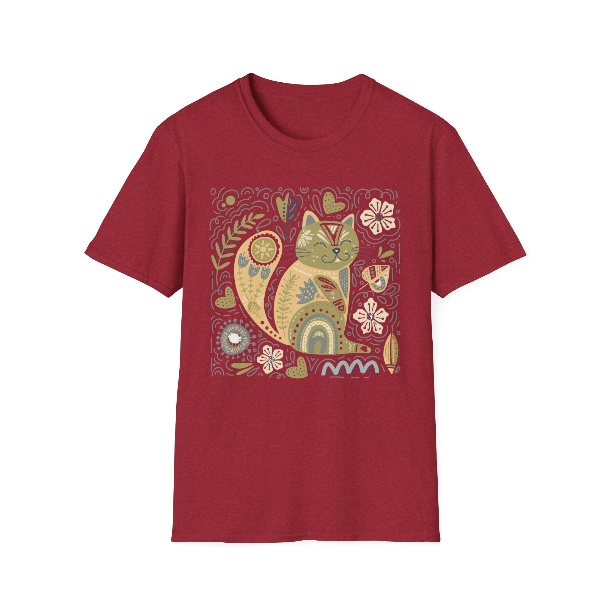 Folk Art Cat T-Shirt — Whimsical Floral Kitty Tee