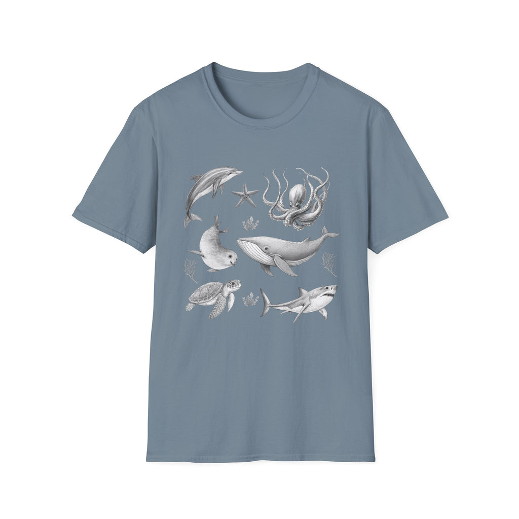 Ocean Wildlife T-Shirt — Monochrome Marine Life Design