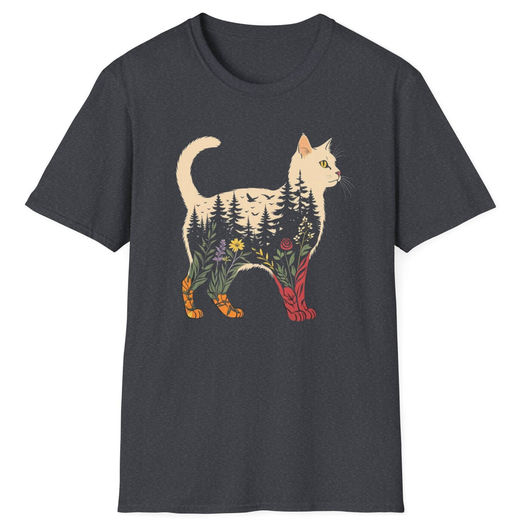 Dark gray t-shirt with a cat design featuring nature elements on a white background
