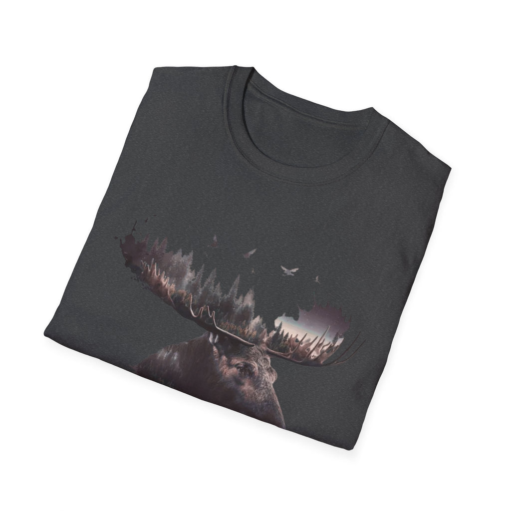 Moose Silhouette T-Shirt — Forest Double-Exposure Wildlife Tee