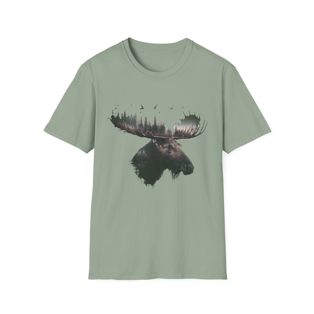 Moose Silhouette T-Shirt — Forest Double-Exposure Wildlife Tee