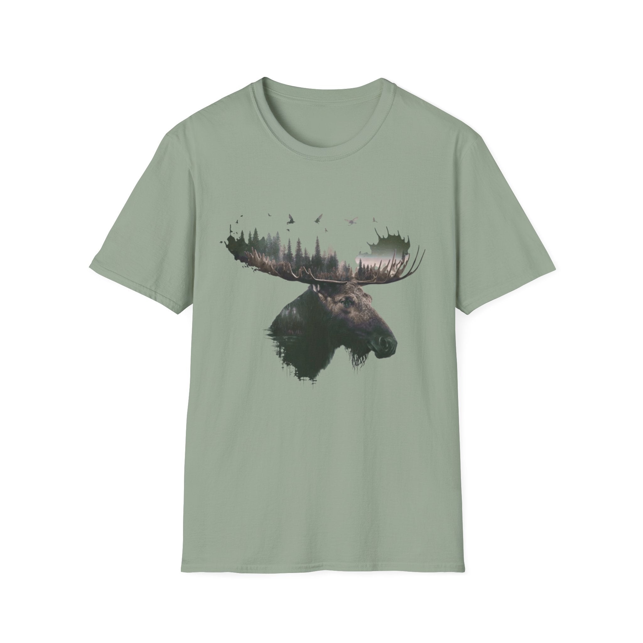Moose Silhouette T-Shirt — Forest Double-Exposure Wildlife Tee