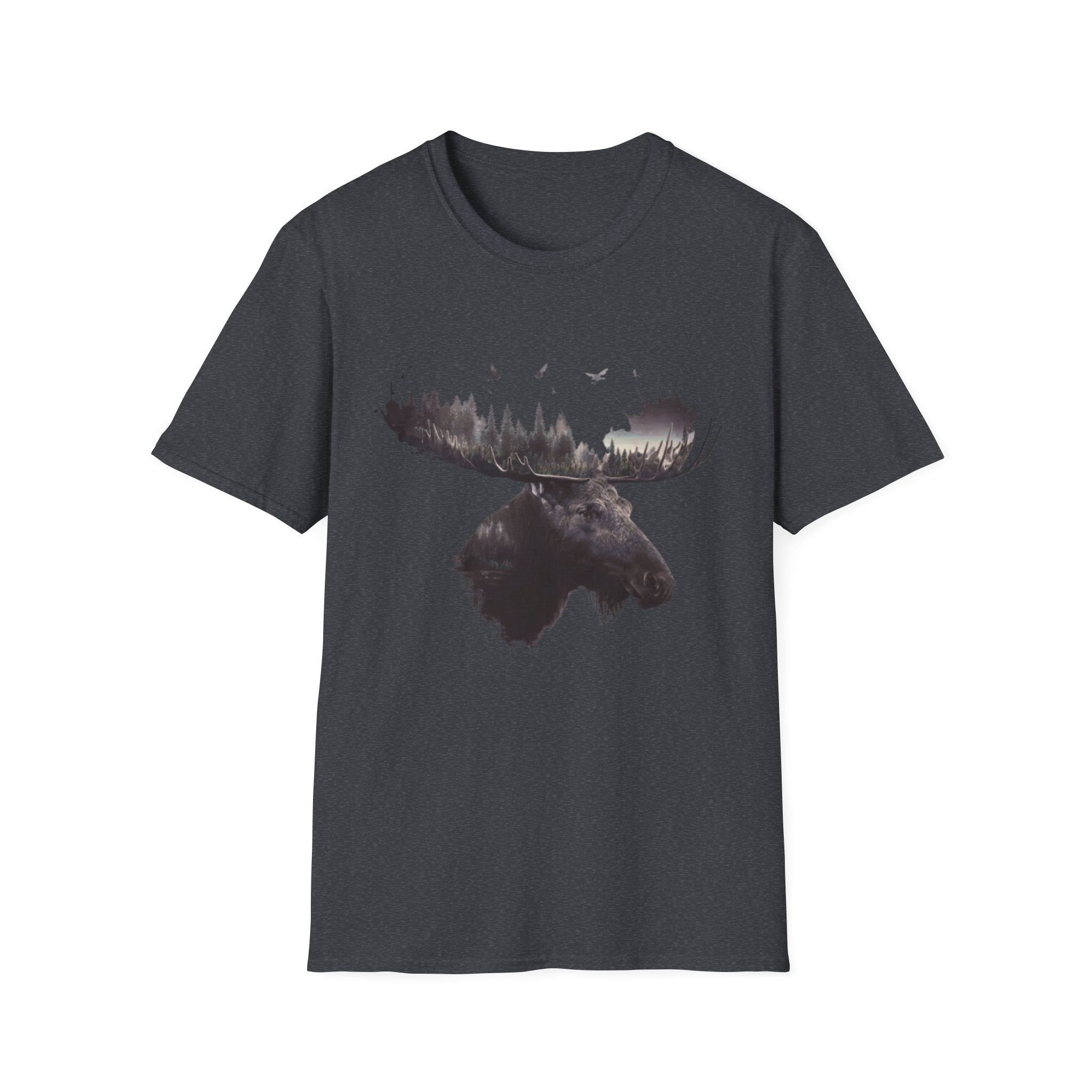 Moose Silhouette T-Shirt — Forest Double-Exposure Wildlife Tee