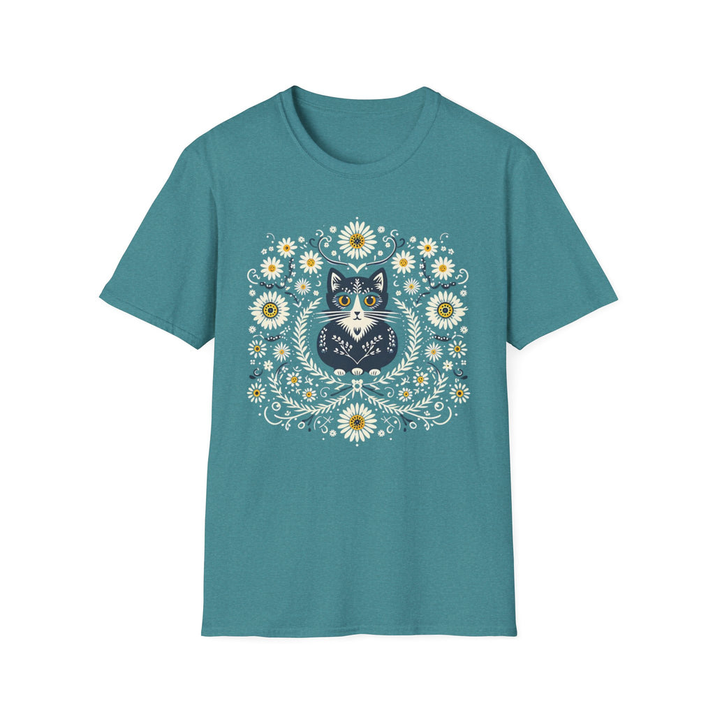 Cat Floral T-Shirt — Folk Art Kitty with Daisies