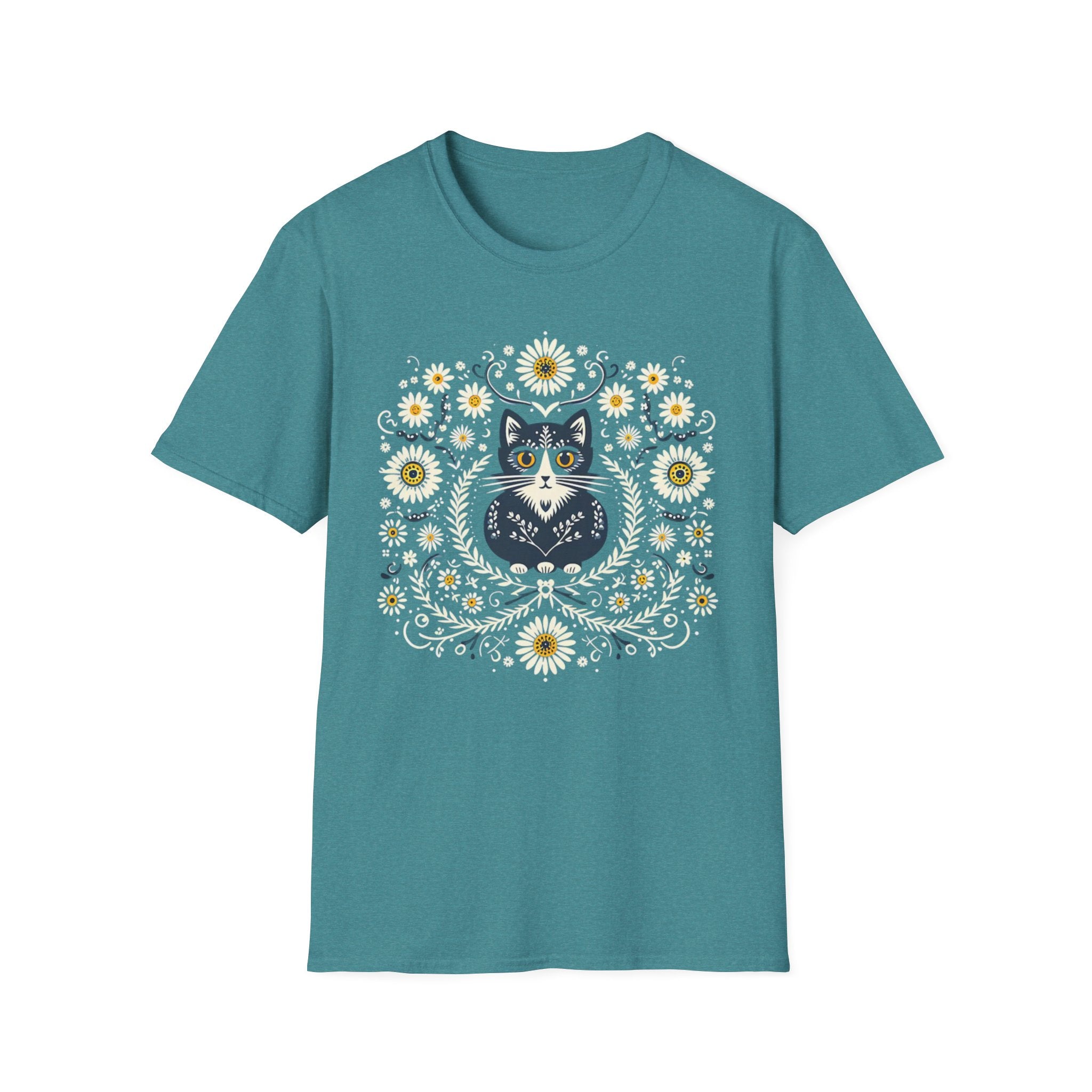 Cat Floral T-Shirt — Folk Art Kitty with Daisies