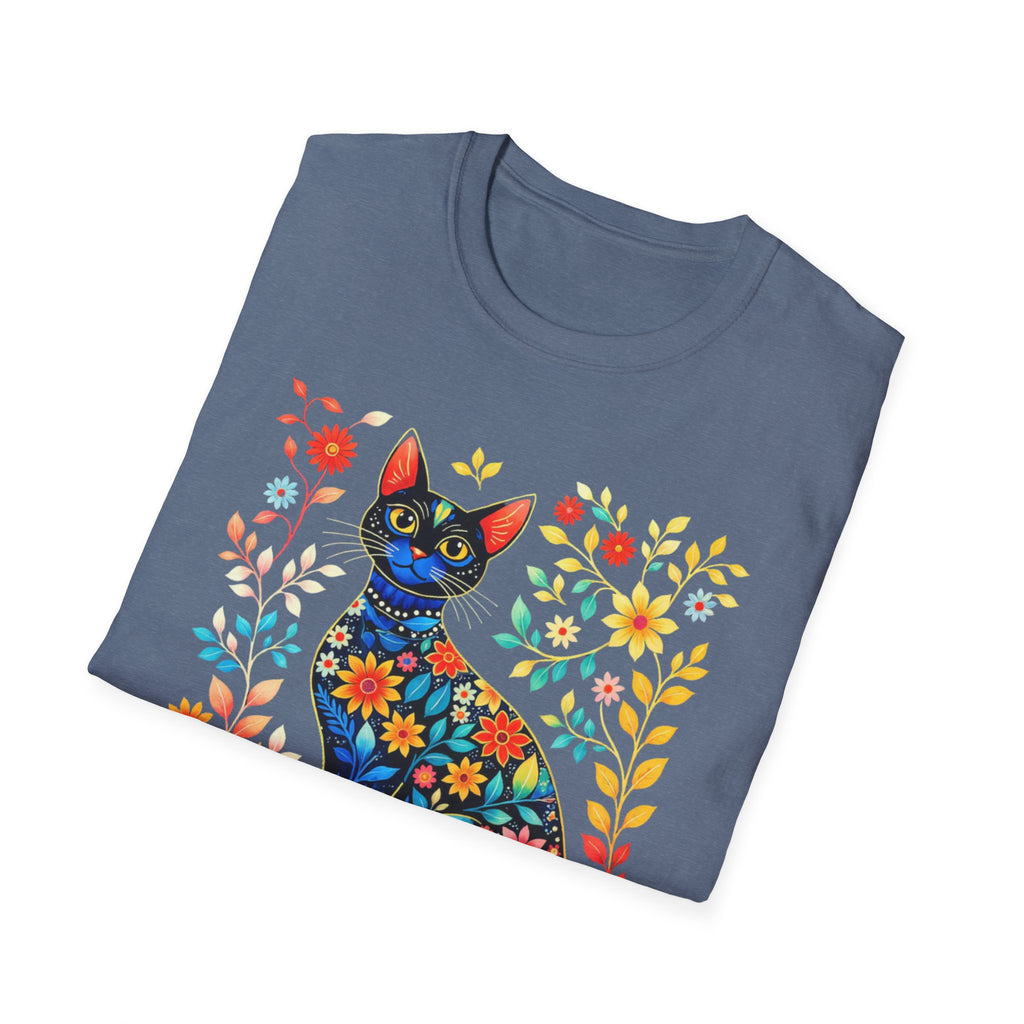 Floral Folk Art Cat T-Shirt — Colorful Boho Cat Tee